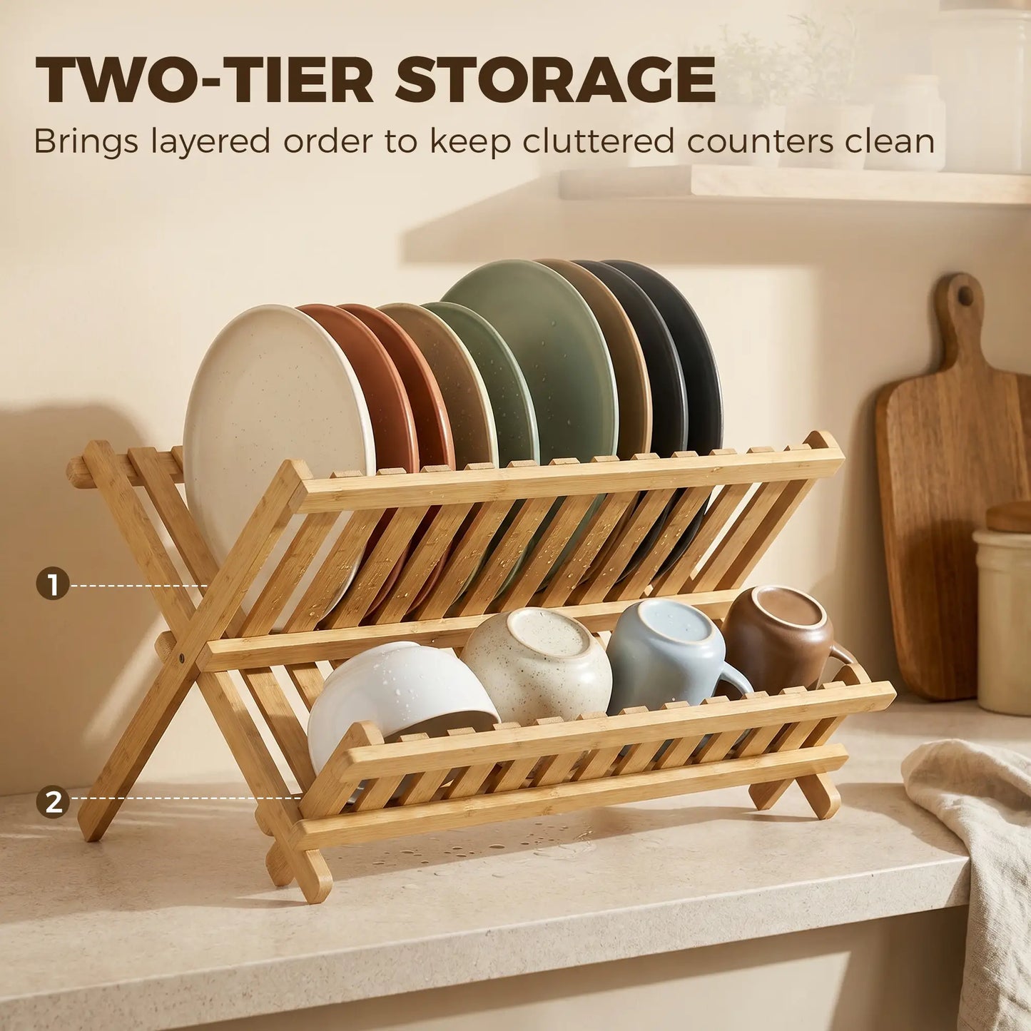 HOMCOM 2-Tier Foldable Kitchen Storage Rack with Slatted Draining Shelves, Natural Wood Finish