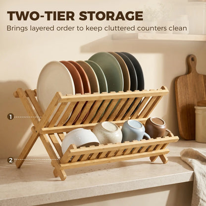 HOMCOM 2-Tier Foldable Kitchen Storage Rack with Slatted Draining Shelves, Natural Wood Finish