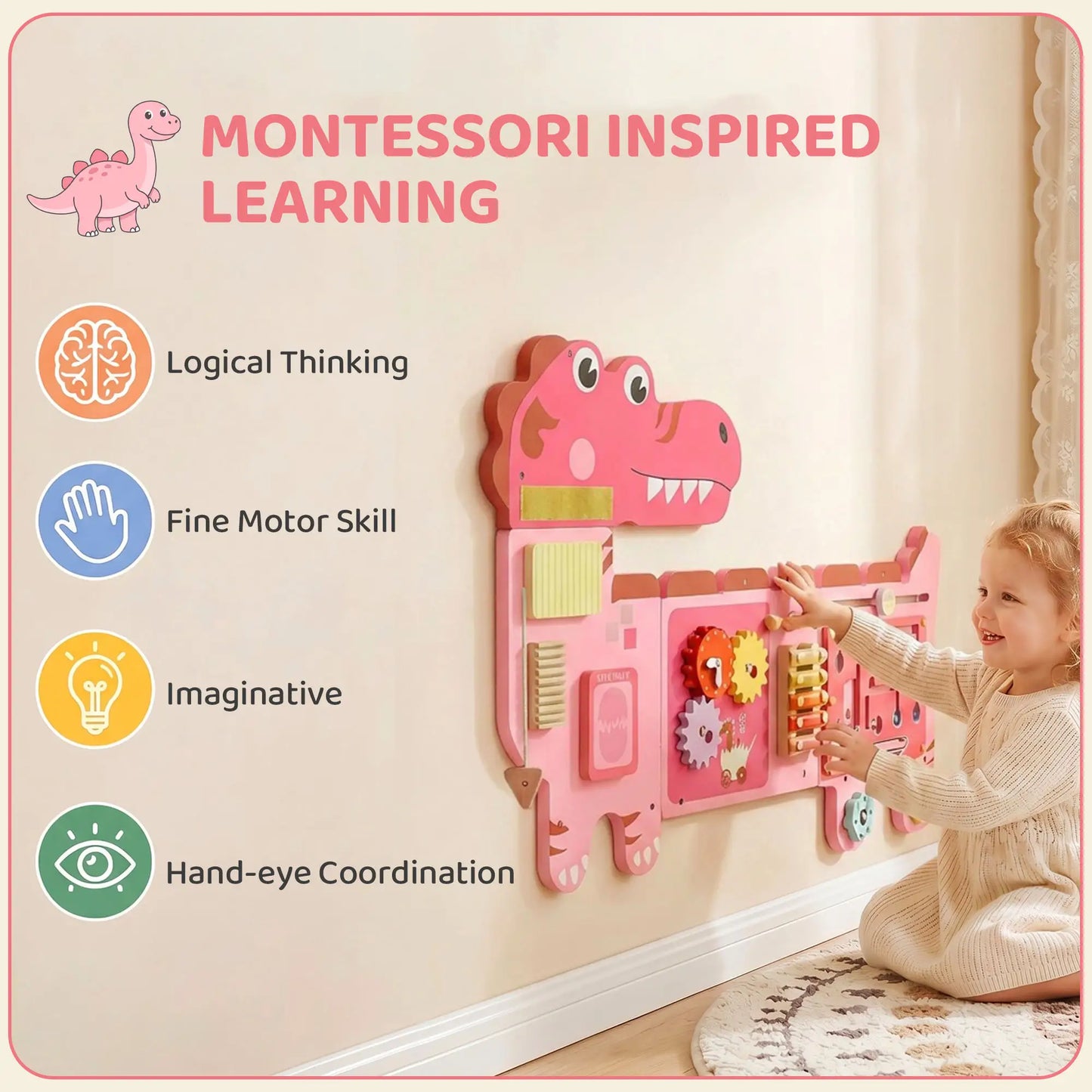 AIYAPLAY Busy Board Panels, Wall Mounted Montessori Inspired, Toddler Learning Centre Dinosaur Theme, Pink