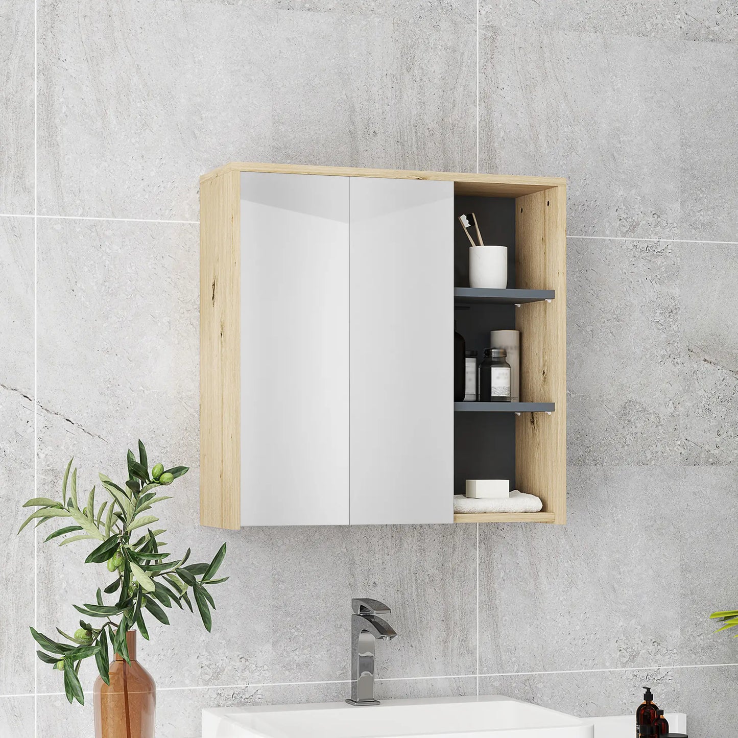 HOMCOM Five-Shelf Mirrored Bathroom Storage Mirror Cabinet - Wood-Effect