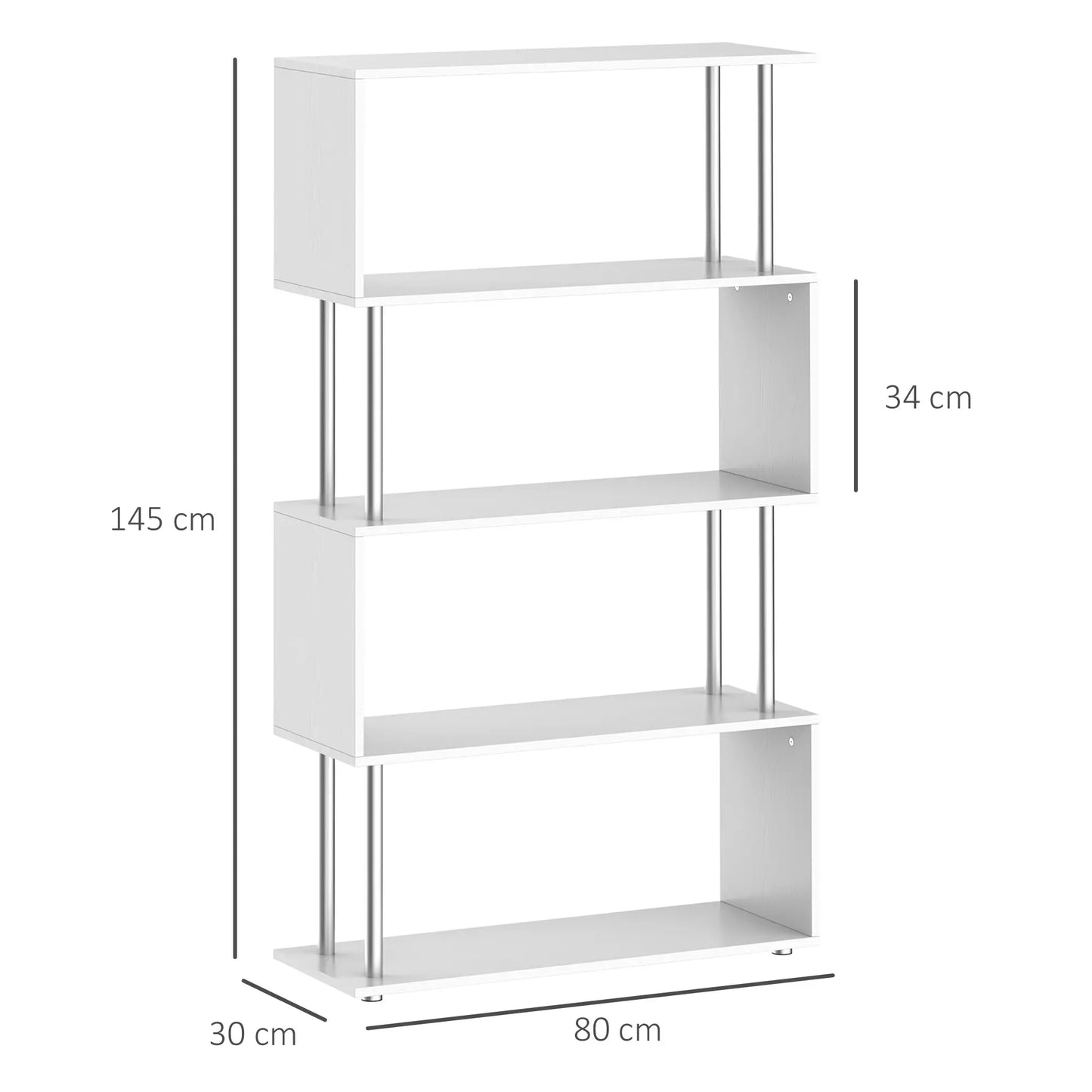 HOMCOM S Shape Bookcase, 5 Tiers Bookshelf, Modern Freestanding Storage Shelf for Home Office, Study, Living Room, White