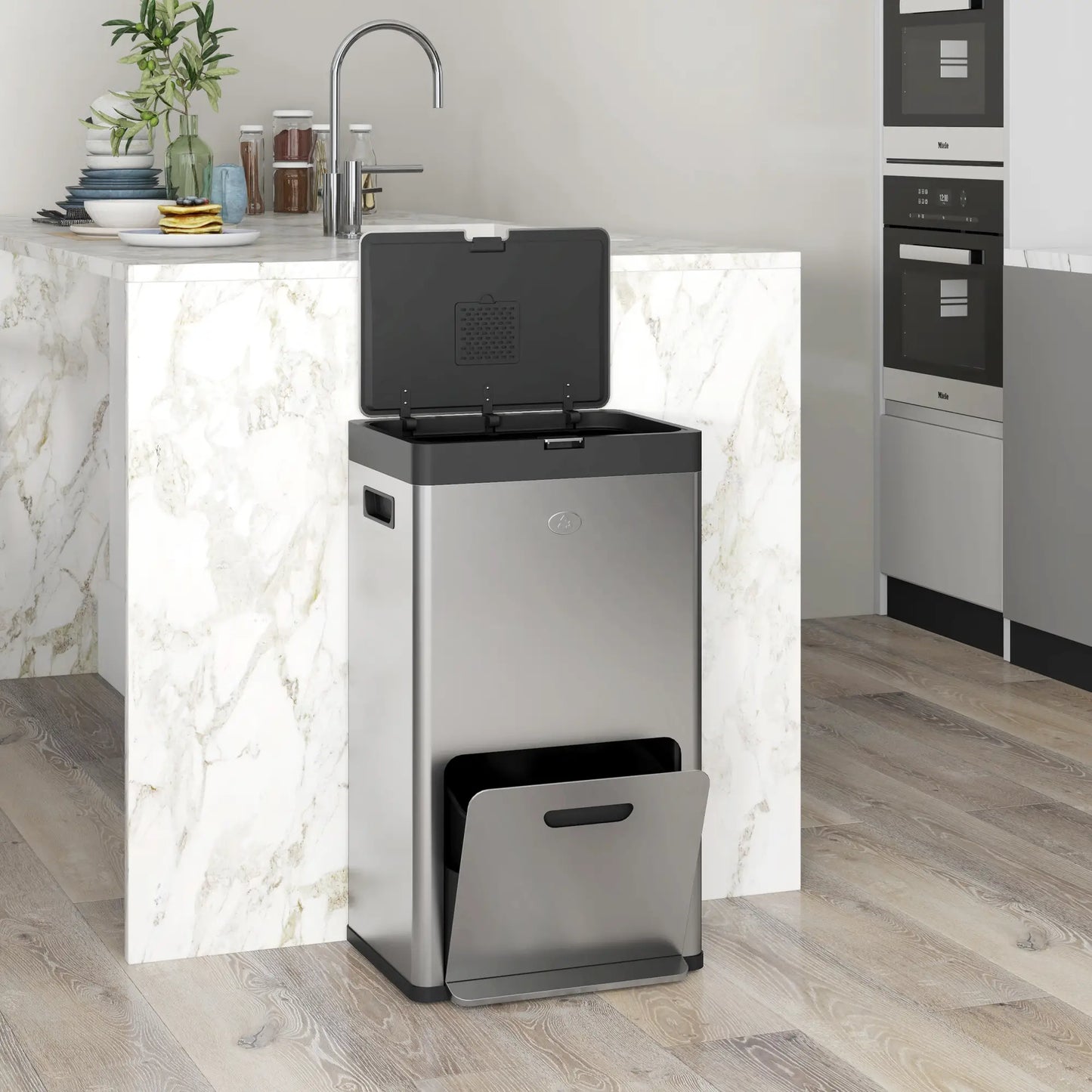 HOMCOM 56L Triple Compartment Stainless Steel Kitchen Bin with Deodoriser Holders & Wheels - Silver Tone