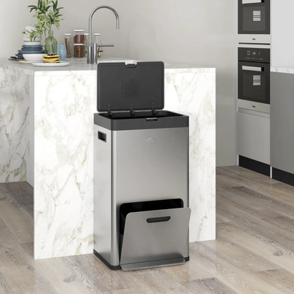 HOMCOM 56L Triple Compartment Stainless Steel Kitchen Bin with Deodoriser Holders & Wheels - Silver Tone