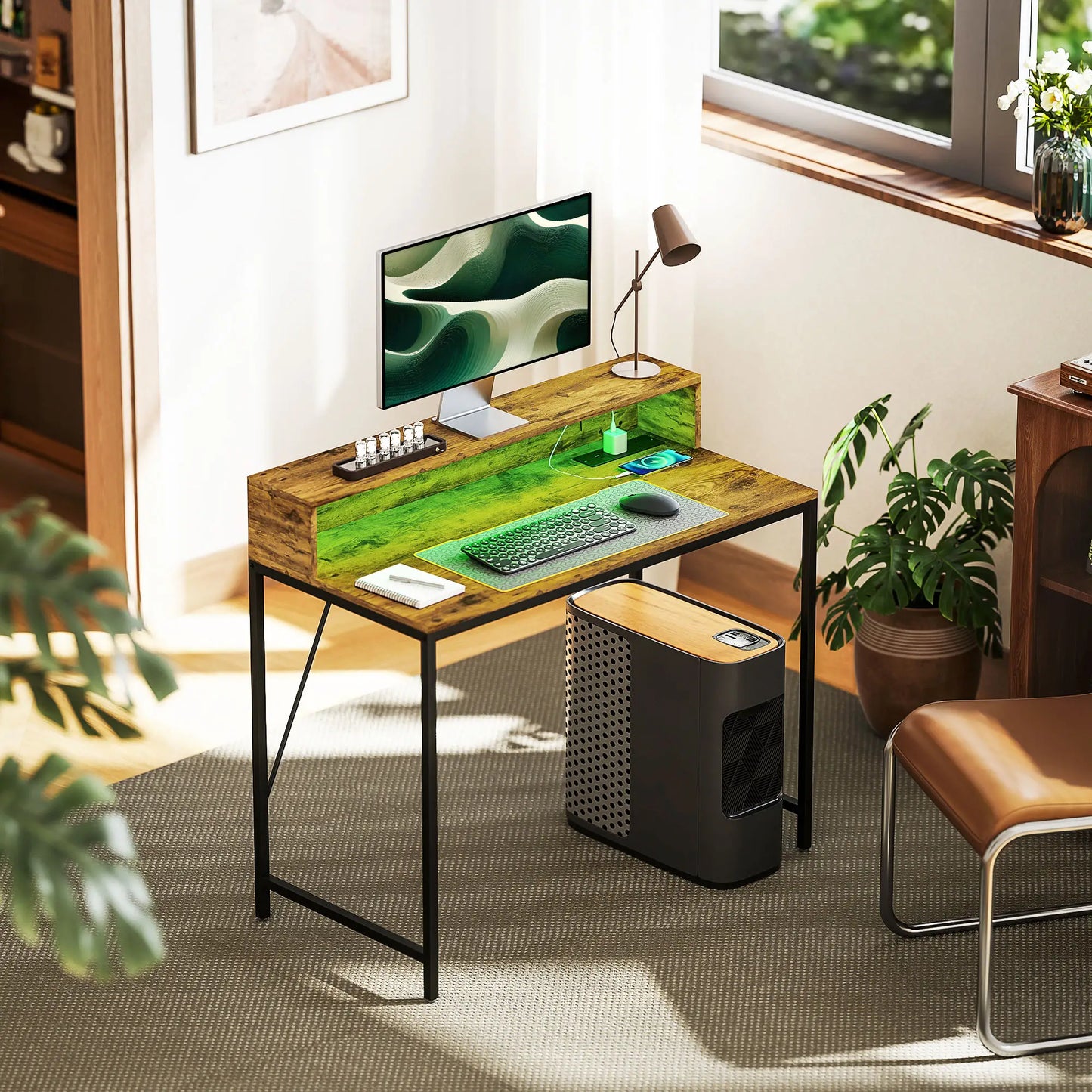 HOMCOM Computer Desk Table with LED Lights and Power Outlets, Gaming Desk with Monitor Stand & Remote for Home Office, Rustic Brown