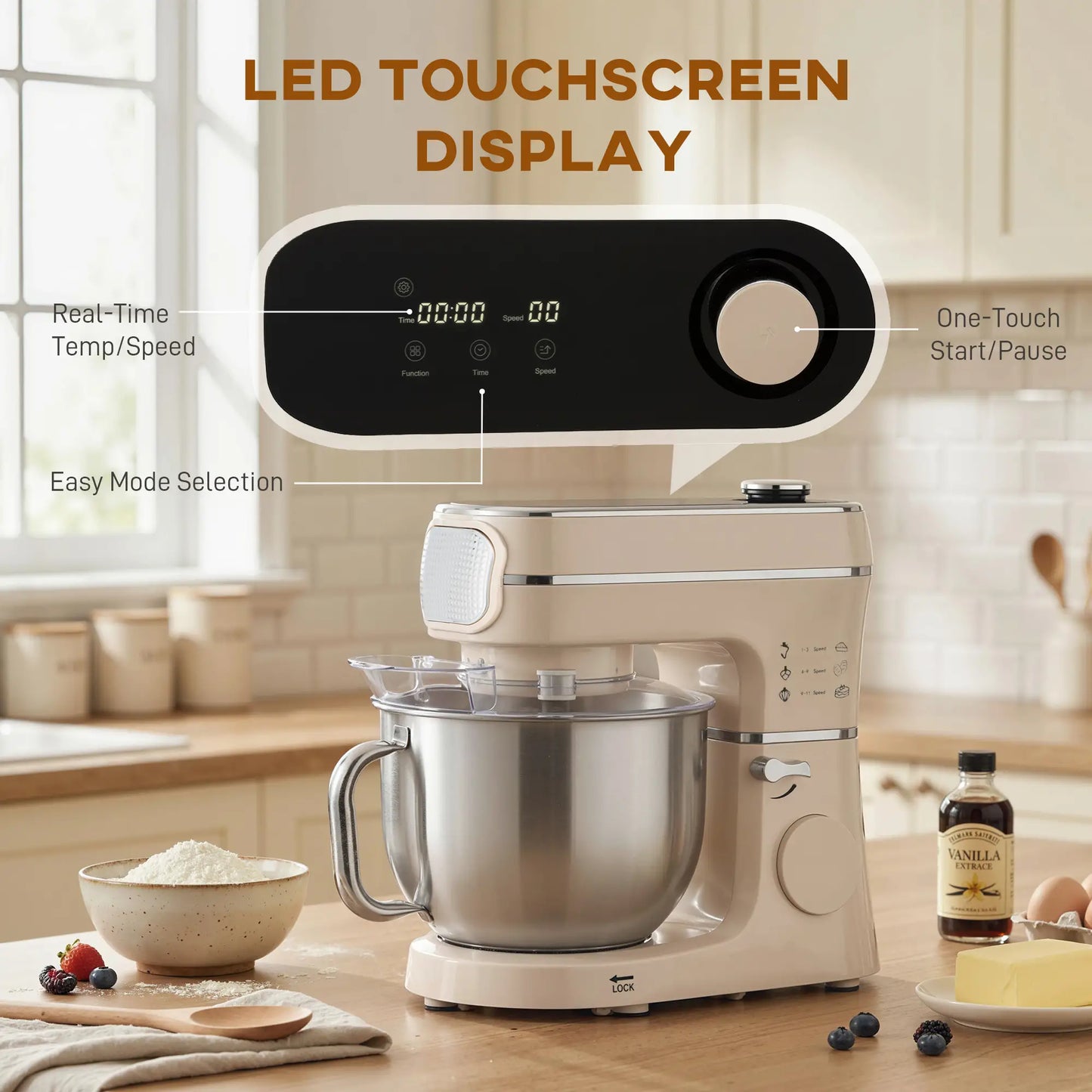 HOMCOM Stand Mixer, 6L Tilt-Head Food Mixer with 11 Speeds, Pulse & Fermentation Function, LED Display, Cream