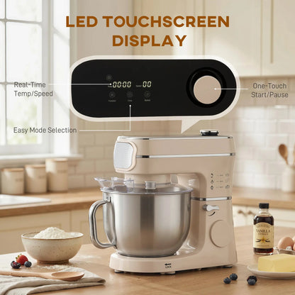 HOMCOM Stand Mixer, 6L Tilt-Head Food Mixer with 11 Speeds, Pulse & Fermentation Function, LED Display, Cream