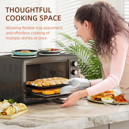 HOMCOM 36L Small Electric Oven with 2 Hot Plates, Countertop Toaster Oven, Grill, Roast, Bake, with Timer, Adjustable Temperature & Baking Tray, 2600W
