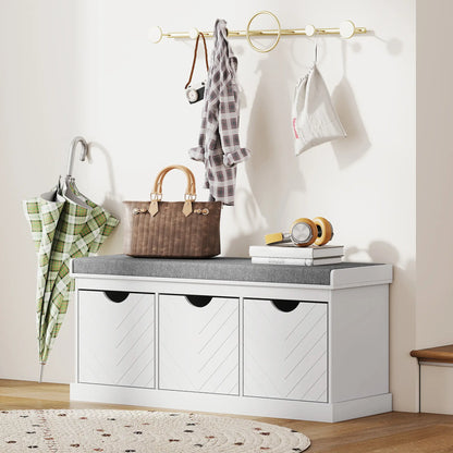 HOMCOM 3-Drawer Padded Shoe Storage Bench with Breathable & Washable Linen-Look Cover, White
