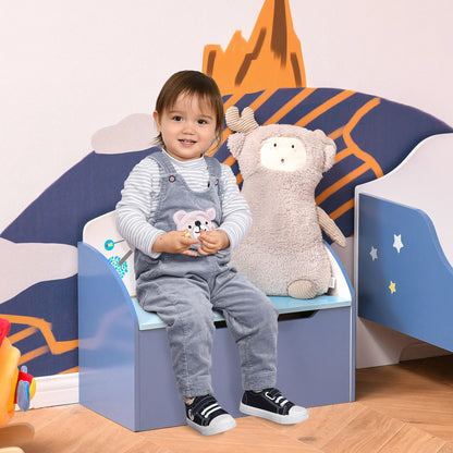 HOMCOM Kids Wooden Toy Box Children Storage Chest Bench Organiser Safety Hinge Playroom Furniture, Blue