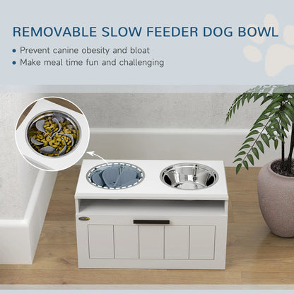 PawHut Raised Dog Bowl with Slow Feeder, Two Stainless Steel Bowls, Drawer for Large & Extra Large Dogs, White