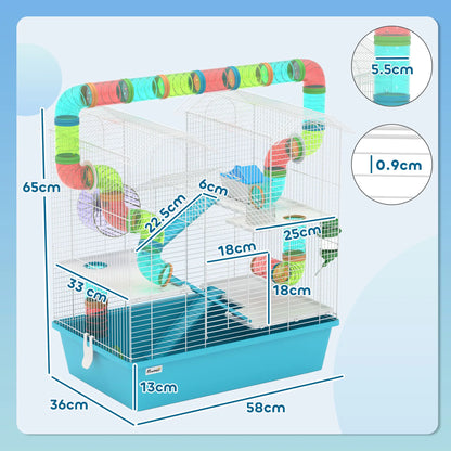 PawHut 4 Tier Hamster Cage w/ Tubes, Exercise Wheel, Hut, Water Bottle, Ramps for Dwarf Hamster, Light Blue