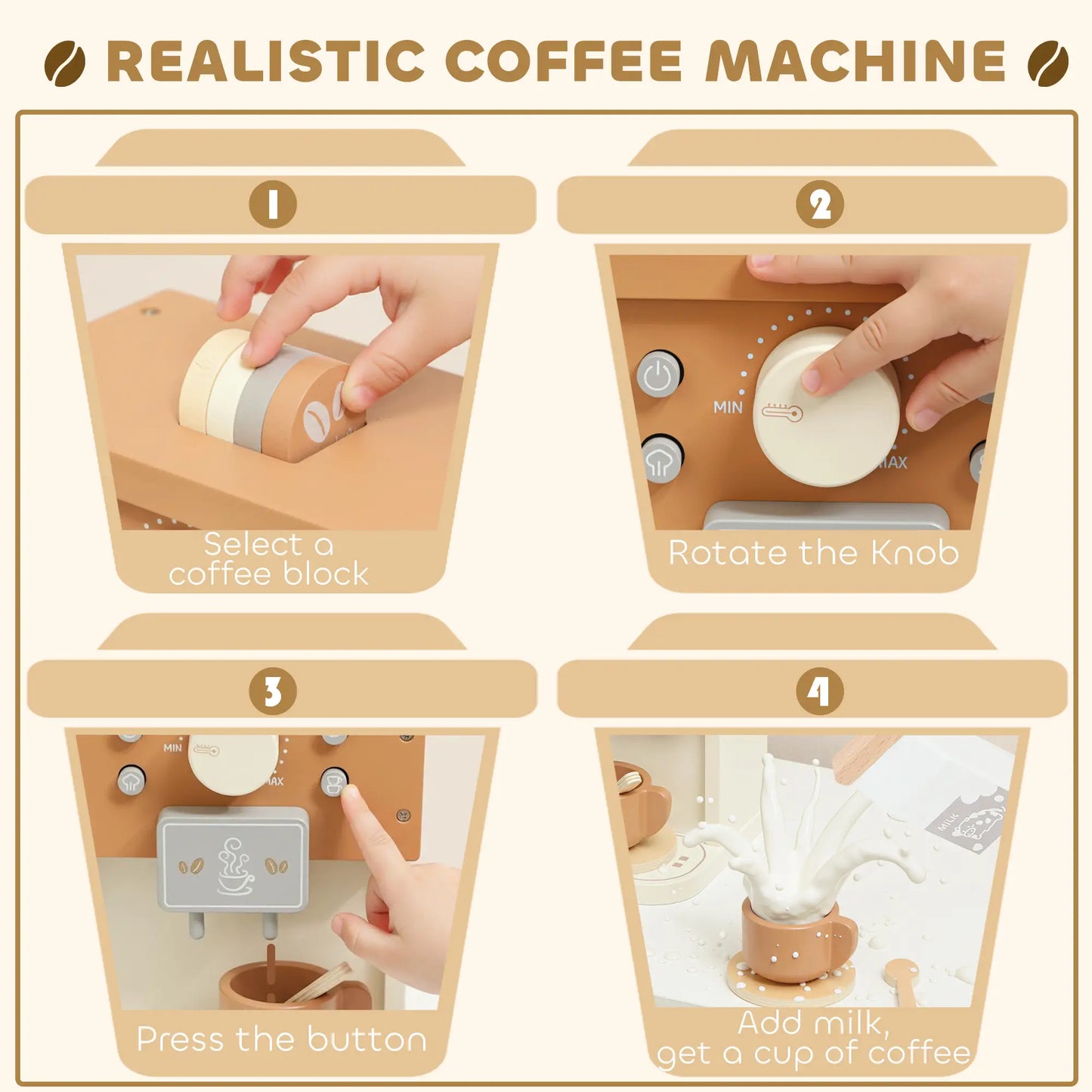 AIYAPLAY Kids Wooden Coffee Machine Toy, Pretend Play Kitchen Accessories Gift for Ages 3+