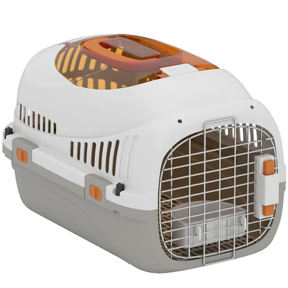 PawHut Plastic Pet Carrier Hard Shell Dog Cat Carrier Max 4 KG Steel Door Feed Bowl, Secure Lock