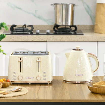 HOMCOM Kettle and Toaster Set, 1.7L 3000W Fast Boil Jug Kettle with Auto Shut Off, 4 Slice Toaster with 7 Level Browning Controls, Beige