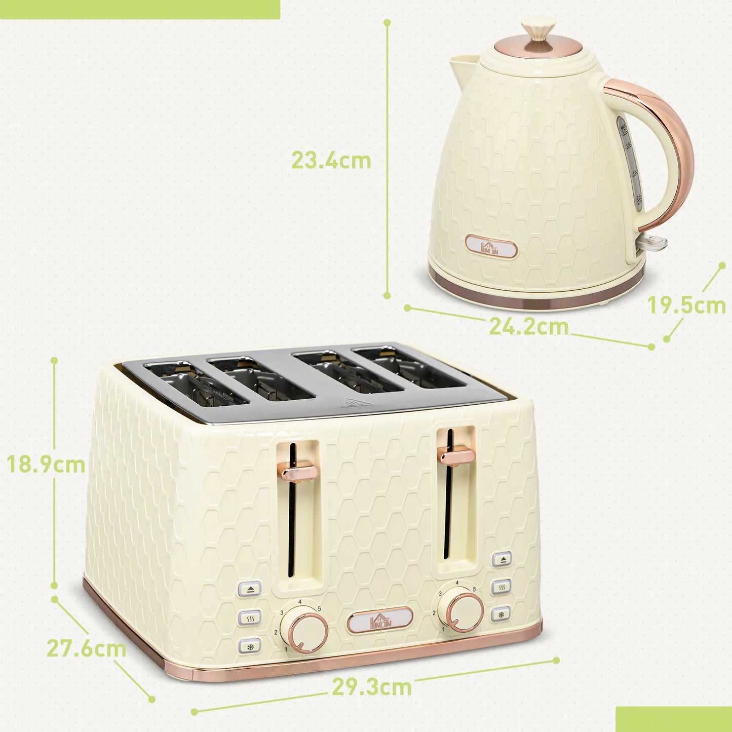 HOMCOM Kettle and Toaster Set, 1.7L 3000W Fast Boil Jug Kettle with Auto Shut Off, 4 Slice Toaster with 7 Level Browning Controls, Beige