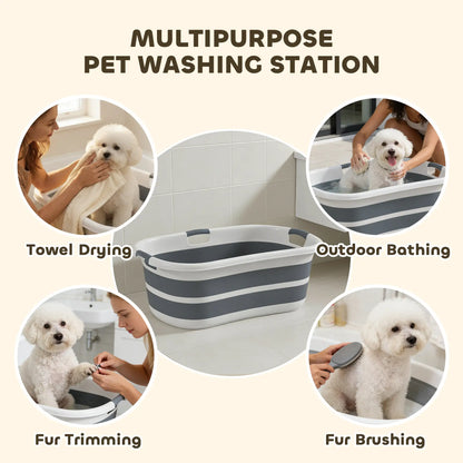 PawHut Dog Bath Tub, Portable Foldable Dog Bathtub with Drainage Hole for Small Dogs Puppies, Grey