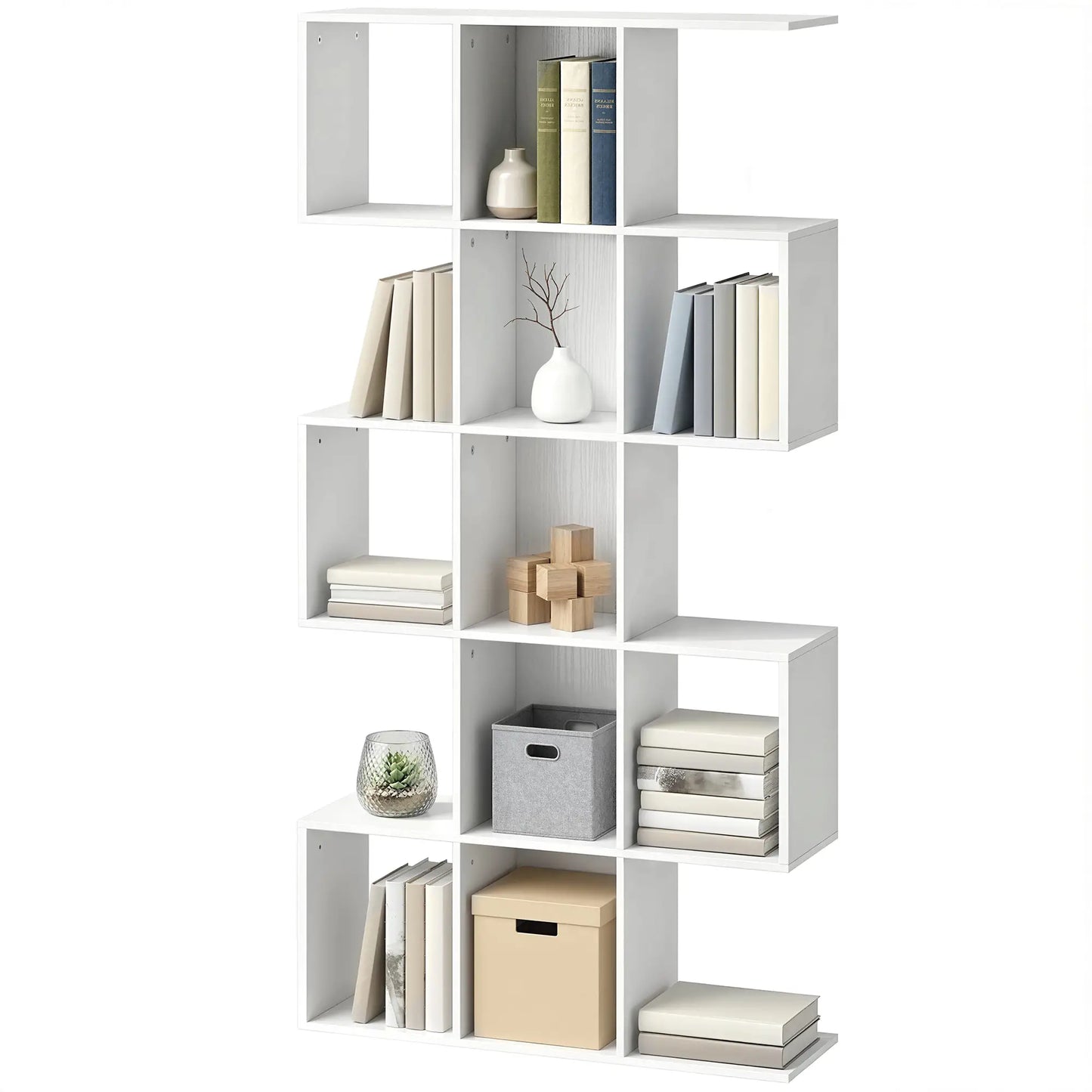 HOMCOM 5-Tier Bookshelf, S Shaped Geometric Bookcase with 15 Compartments, White Wood Effect
