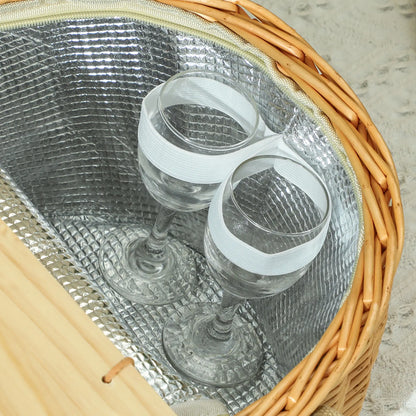 Outsunny Wicker Picnic Basket for 2 with Pine Wood Lid, Picnic Hamper with Cooler Compartment, Carry Handle for Camping, Outdoor, Light Brown