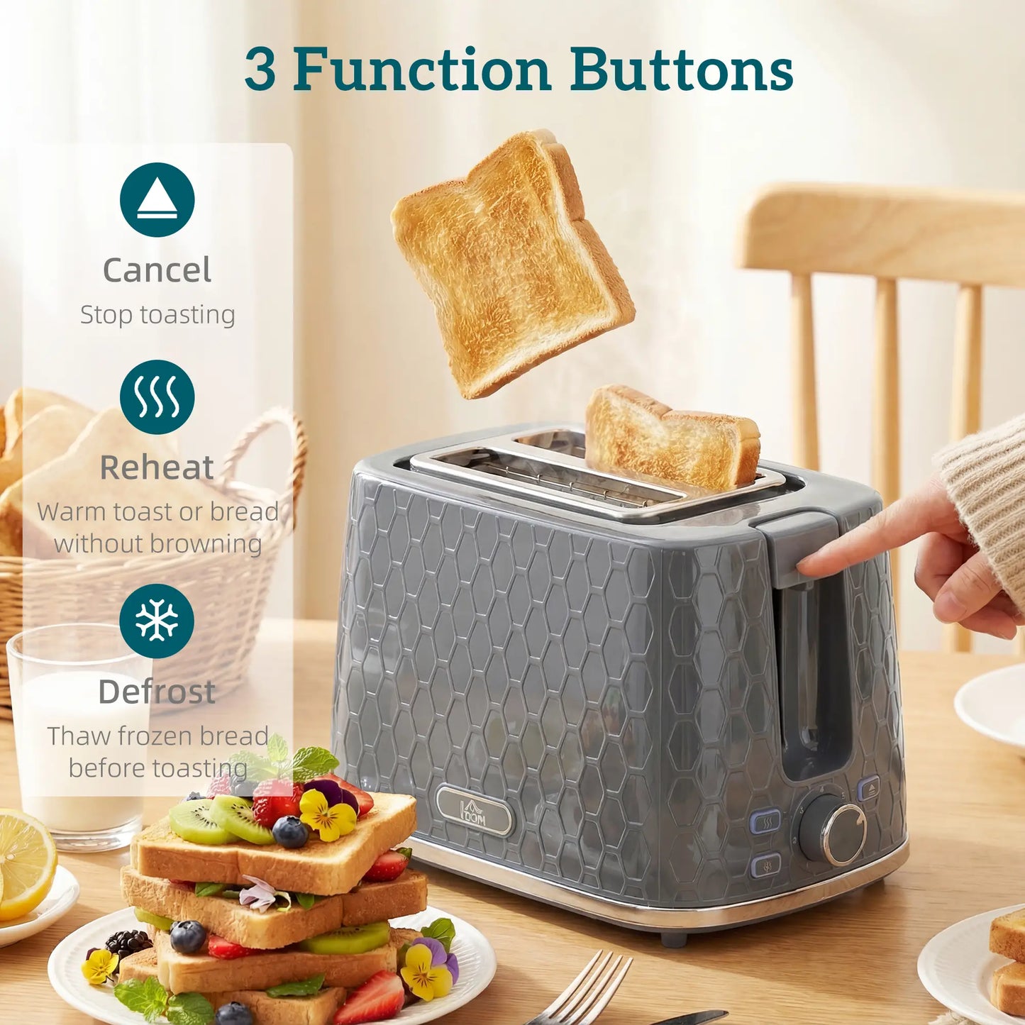 HOMCOM Kettle & Toaster Set, 1.7L 3000W Rapid Kettle, 2 Slice Toaster with 7 Browning Controls, Grey