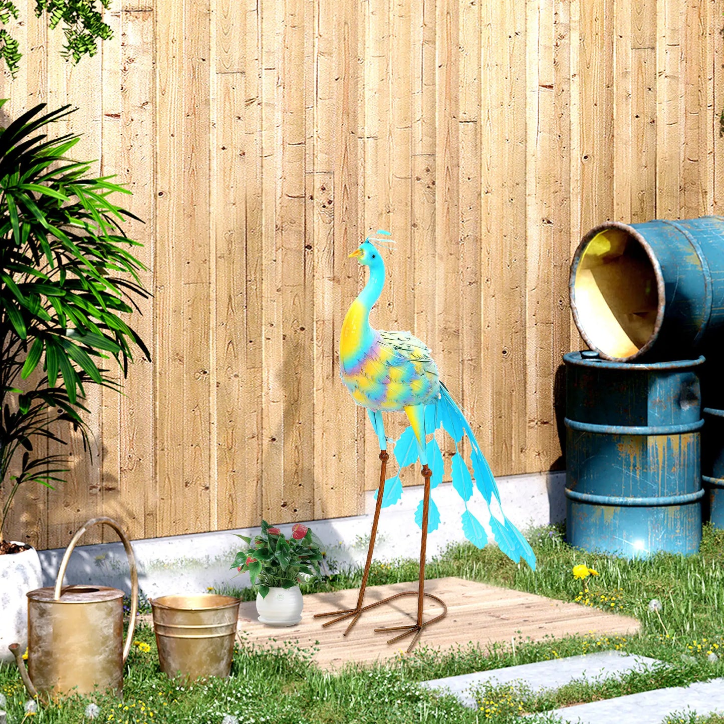 Outsunny Peacock Garden Statue, Standing Ornament, Metal, with Stakes for Patio Pond Landscape Decoration