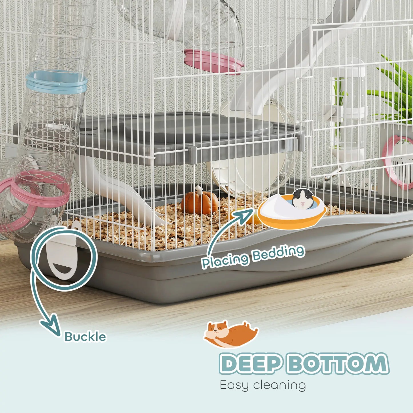 PawHut 3-Tier Hamster Cage with Exercise Wheels, Water Bottle, Food Dish, for Dwarf Hamsters, Grey