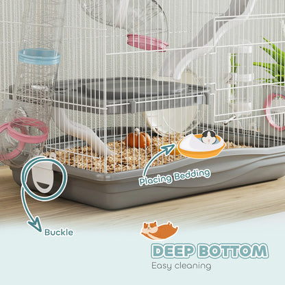 PawHut 3-Tier Hamster Cage with Exercise Wheels, Water Bottle, Food Dish, for Dwarf Hamsters, Grey