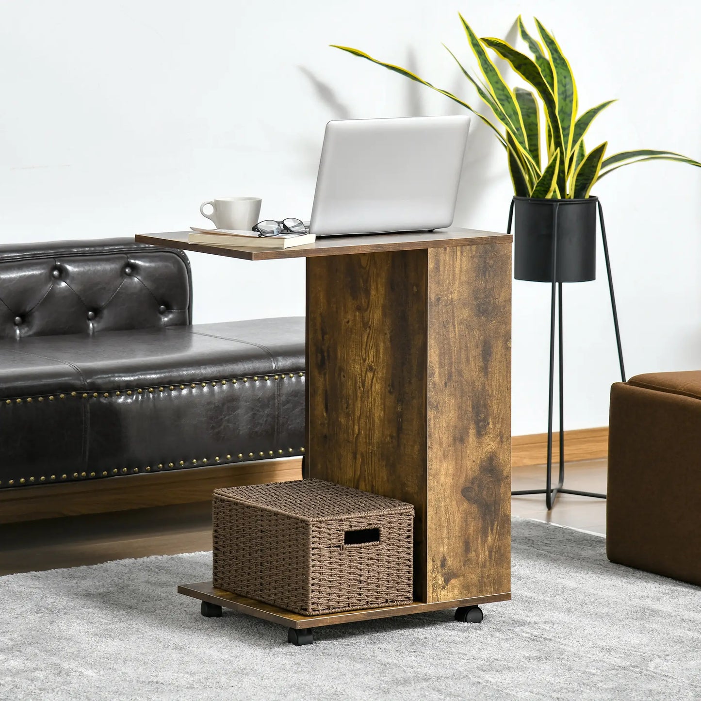 HOMCOM Mobile Sofa Side Table C-Shape End Table with Storage & Casters for Laptop Coffee Snack, Rustic Brown