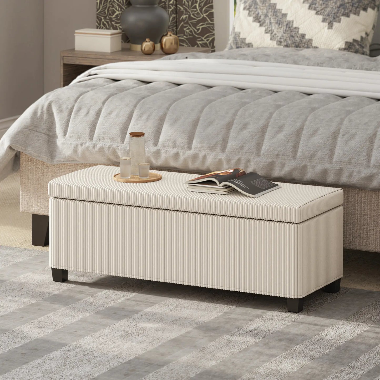 HOMCOM Storage Ottoman Bench, Corduroy Storage Chest Box with Wooden Legs, Bed End Bench, Beige