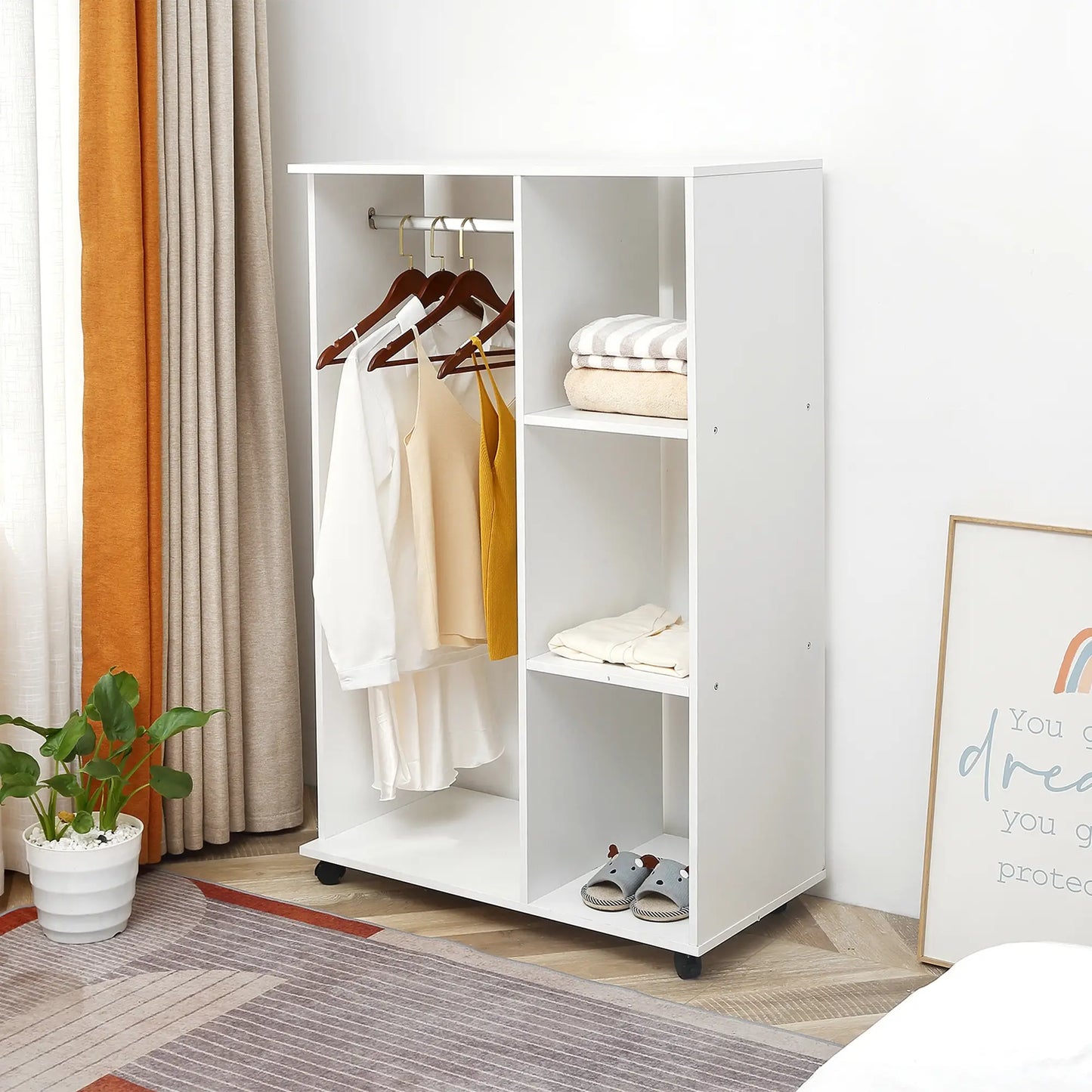 HOMCOM Open Wardrobe on Wheels, Bedroom Wardrobe with Clothes Hanging Rail, 3 Storage Shelves Rack, White