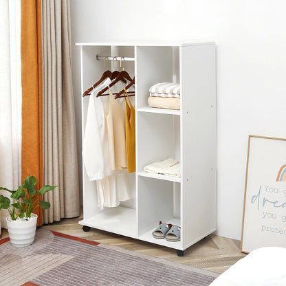 HOMCOM Open Wardrobe on Wheels, Bedroom Wardrobe with Clothes Hanging Rail, 3 Storage Shelves Rack, White