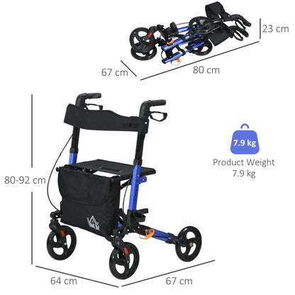 HOMCOM 4 Wheel Rollator with Seat and Back, Folding Mobility Walker with Carry Bag, Adjustable Height, Walking Frame for Seniors, Blue