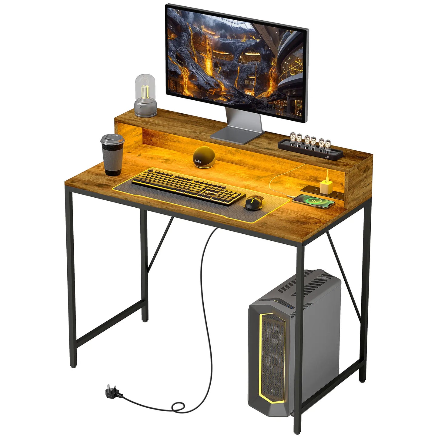 HOMCOM Computer Desk Table with LED Lights and Power Outlets, Gaming Desk with Monitor Stand & Remote for Home Office, Rustic Brown