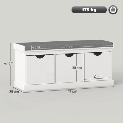 HOMCOM 3-Drawer Padded Shoe Storage Bench with Breathable & Washable Linen-Look Cover, White
