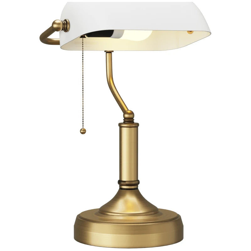 HOMCOM Banker's Desk Lamp with Antique Bronze Tone Base, Table Lamp with White Glass Shade for Home Office