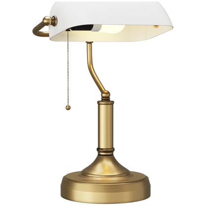HOMCOM Banker's Desk Lamp with Antique Bronze Tone Base, Table Lamp with White Glass Shade for Home Office