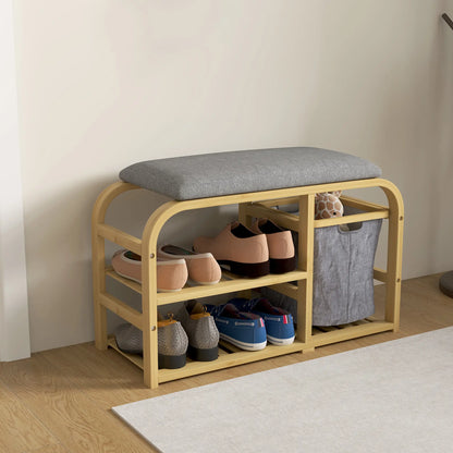 HOMCOM Bamboo Shoe Rack Storage Bench with Padded Seat - Nature Wood Finish