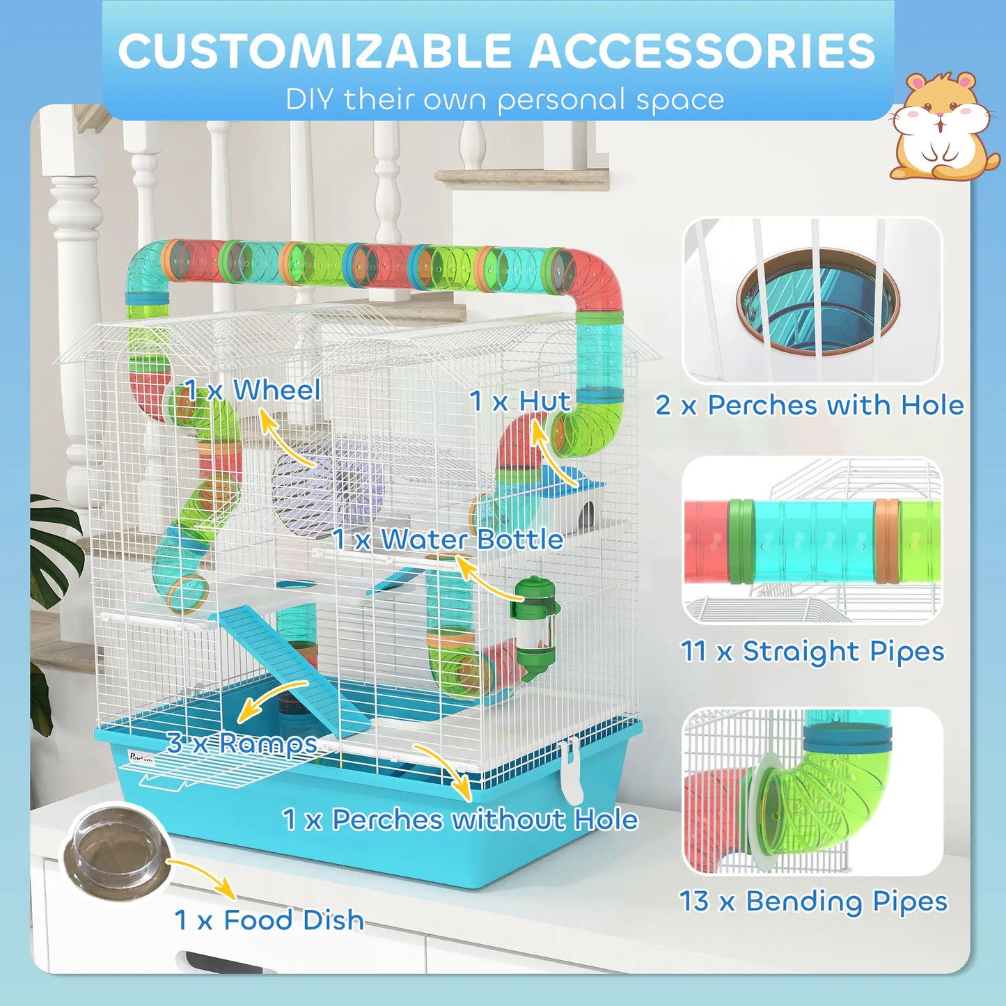 PawHut 4 Tier Hamster Cage w/ Tubes, Exercise Wheel, Hut, Water Bottle, Ramps for Dwarf Hamster, Light Blue