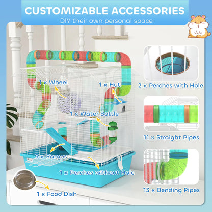 PawHut 4 Tier Hamster Cage w/ Tubes, Exercise Wheel, Hut, Water Bottle, Ramps for Dwarf Hamster, Light Blue