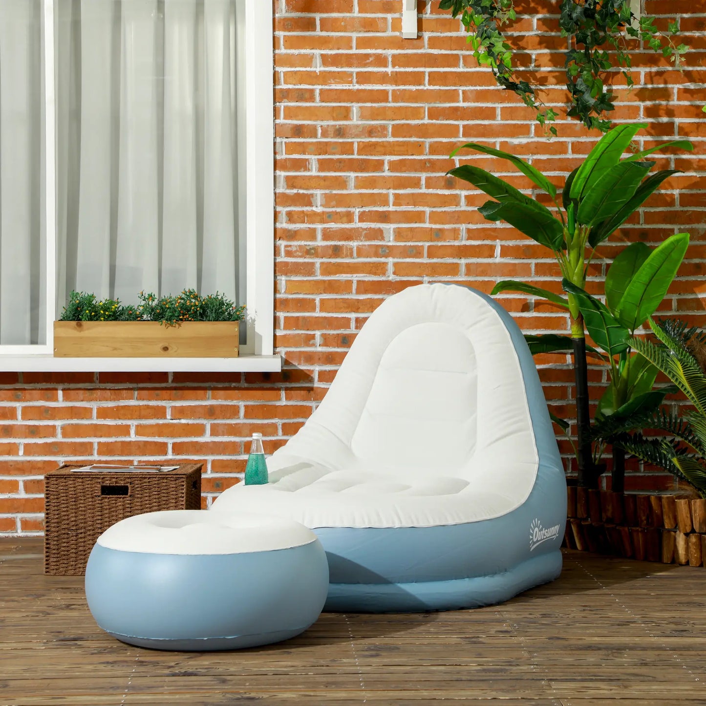 Outsunny Inflatable Tub Chair and Footstool, Soft & Comfortable - Blue/White