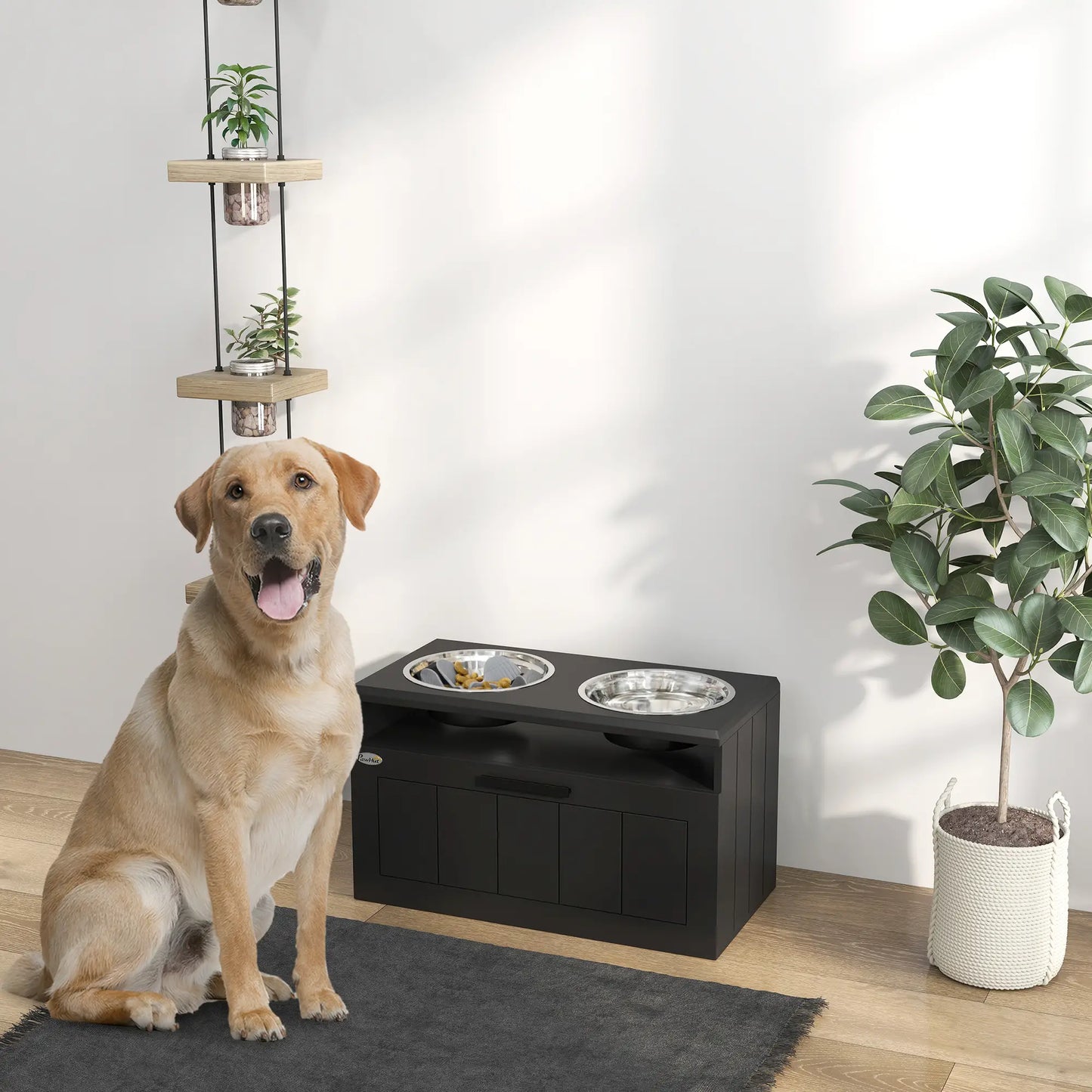PawHut Raised Dog Bowl with Slow Feeder, Two Stainless Steel Bowls, Drawer for Large & Extra Large Dogs, Black