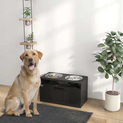 PawHut Raised Dog Bowl with Slow Feeder, Two Stainless Steel Bowls, Drawer for Large & Extra Large Dogs, Black
