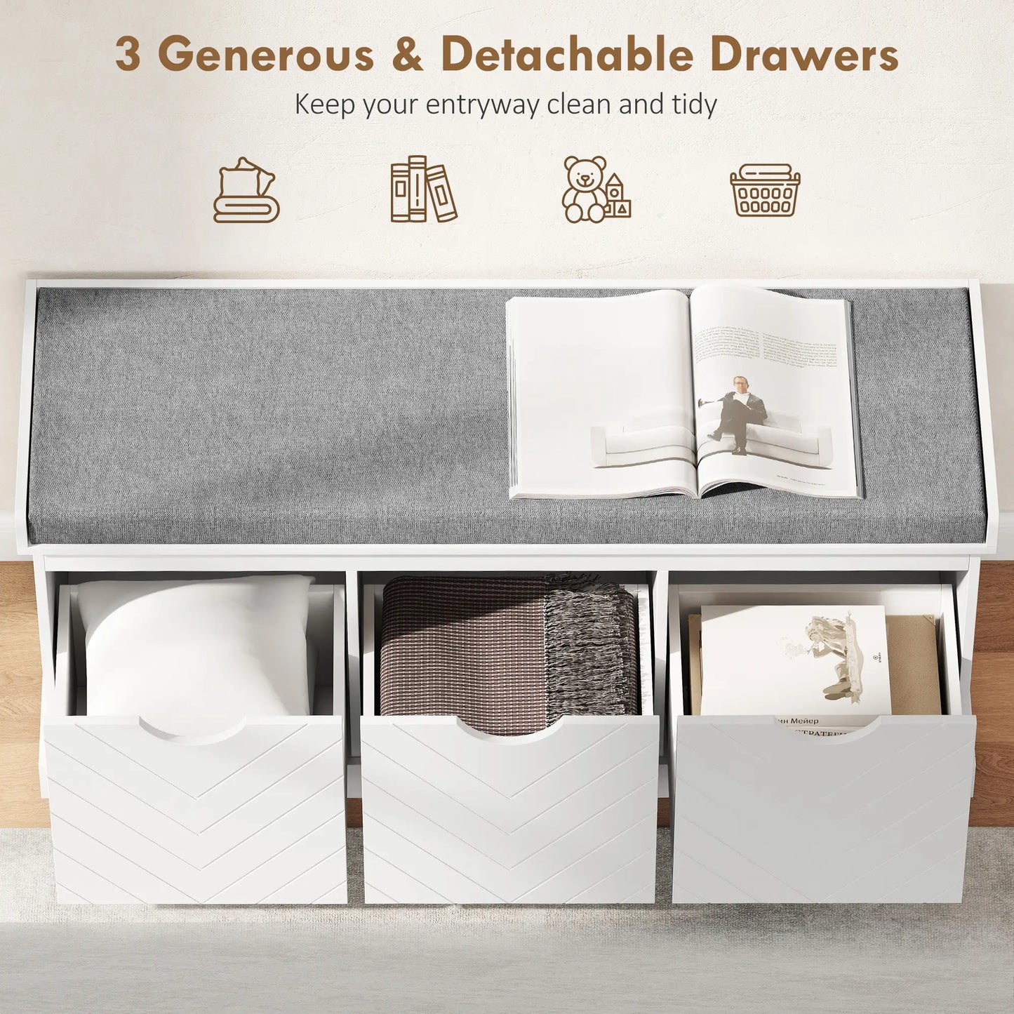 HOMCOM 3-Drawer Padded Shoe Storage Bench with Breathable & Washable Linen-Look Cover, White