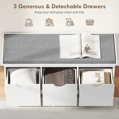 HOMCOM 3-Drawer Padded Shoe Storage Bench with Breathable & Washable Linen-Look Cover, White