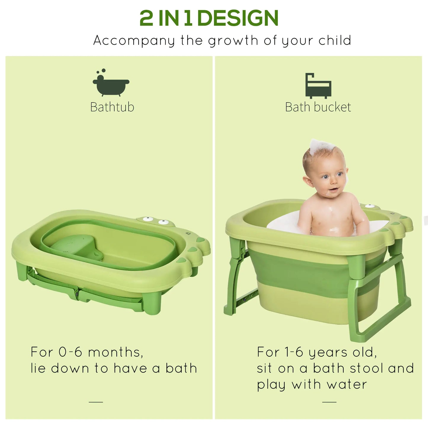 HOMCOM Foldable Kids Baby Bathtub Bucket, with Stool - Green