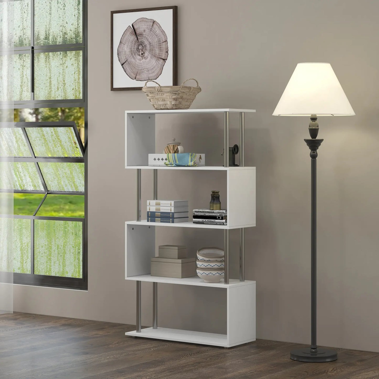 HOMCOM S Shape Bookcase, 5 Tiers Bookshelf, Modern Freestanding Storage Shelf for Home Office, Study, Living Room, White