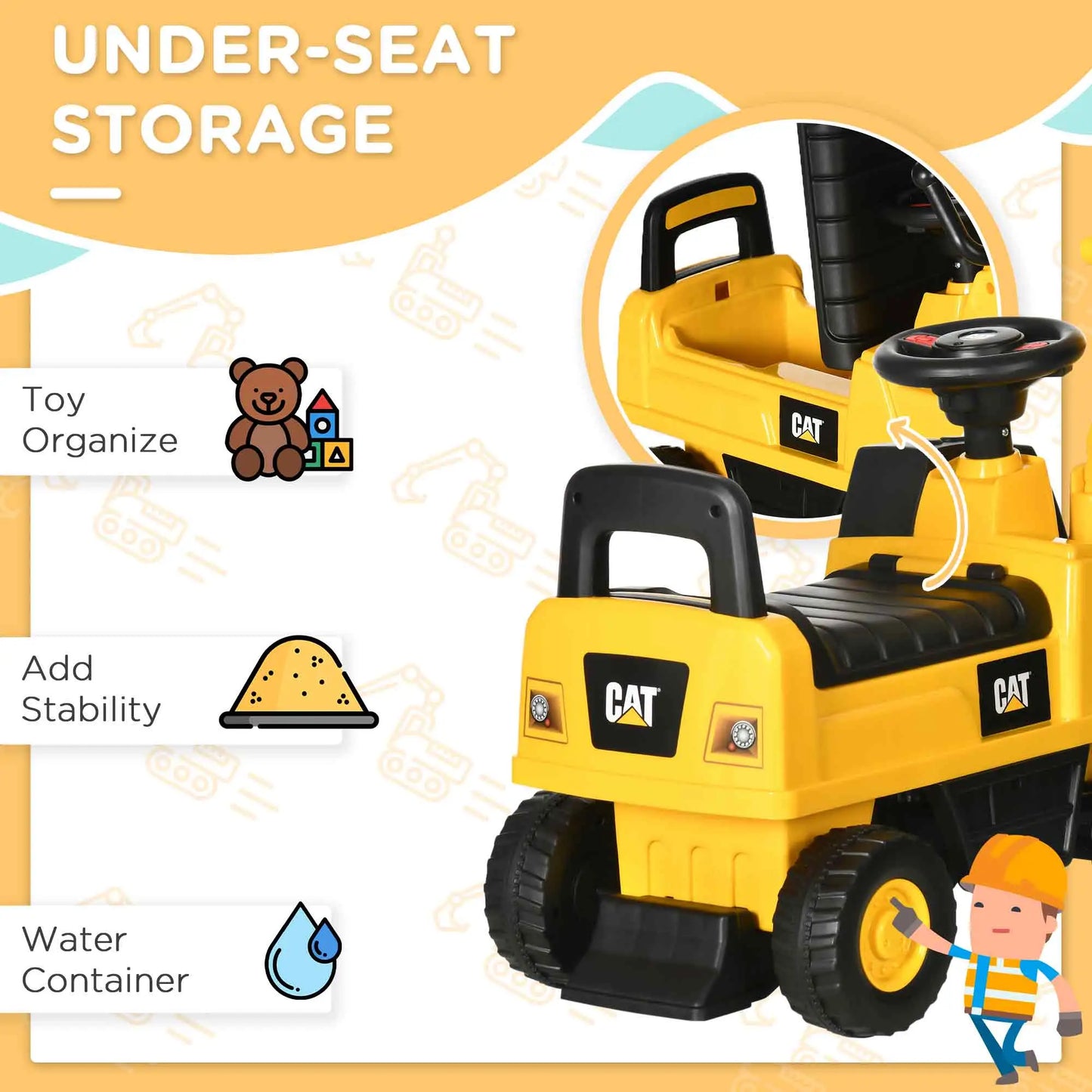HOMCOM CAT Licensed Kids Ride On Digger Toddler Pretend Construction Play Toy for Ages 1-3 Years