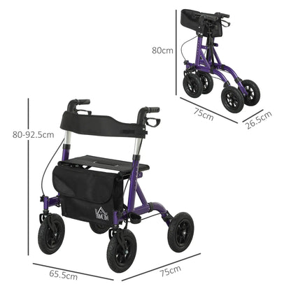 HOMCOM 4 Wheeled Folding Rollator Walker with Seat, Backrest, Lightweight Walking Frame with Dual Brakes, Adjustable Handle Height, Purple