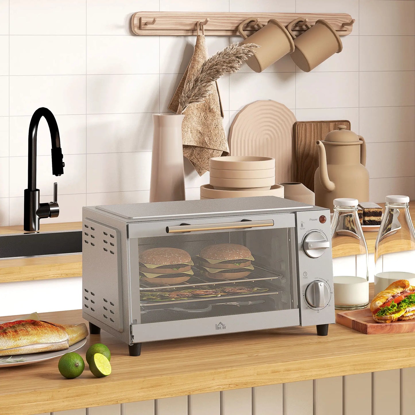HOMCOM Mini Oven, 9L Countertop Electric Grill, Toaster Oven with Timer, Dishwasher Safe, 750W, Silver