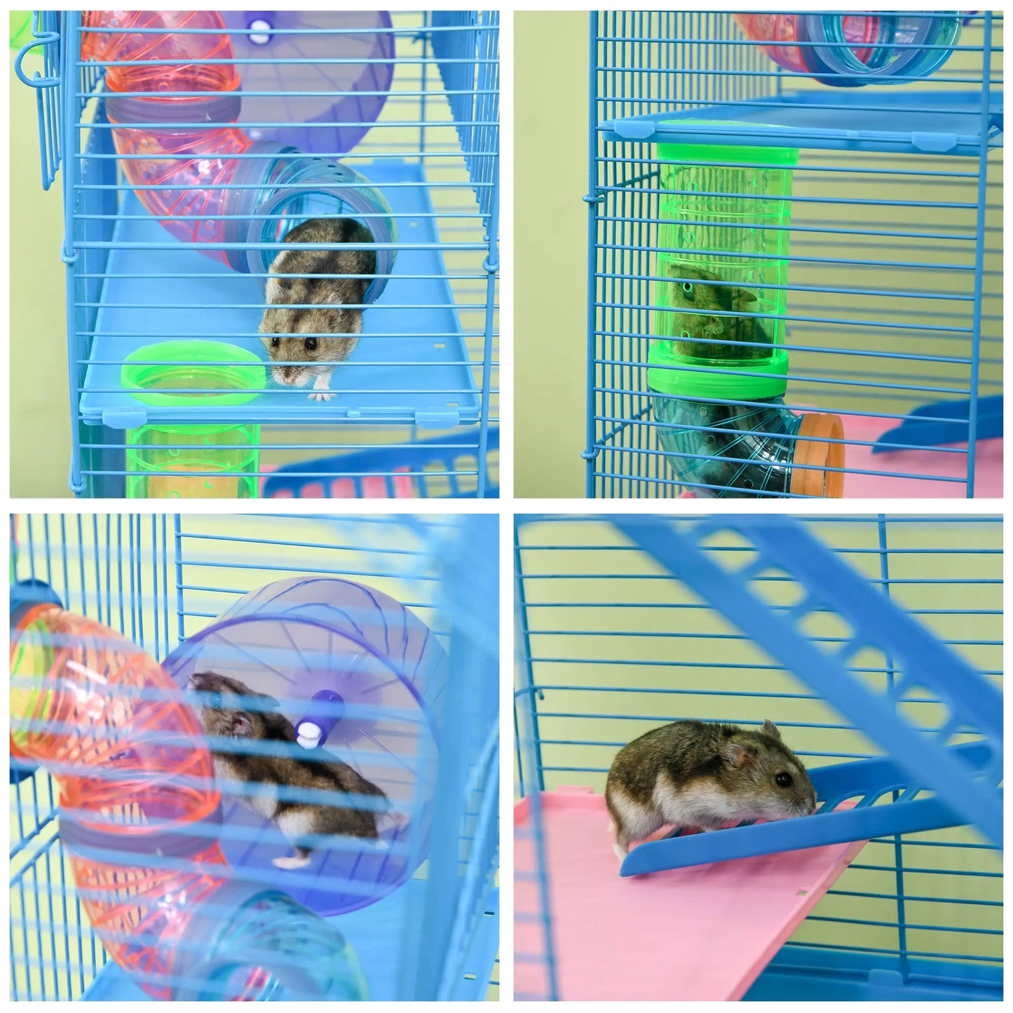 PawHut Hamster Cage, 5 Tier Carrier Habitat with Exercise Wheels Tunnel Tube House Ladder, Gerbil Cage for Dwarf Mice, Blue