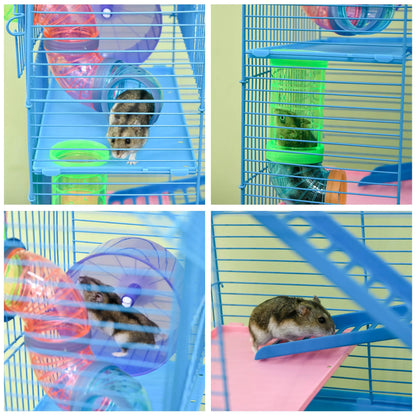 PawHut Hamster Cage, 5 Tier Carrier Habitat with Exercise Wheels Tunnel Tube House Ladder, Gerbil Cage for Dwarf Mice, Blue